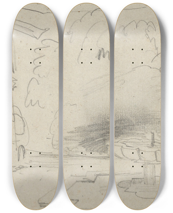 Triptych art skateboard deck of Eugne Delacroix Courtyard With A Fountain by Eugene Delacroix (1798-1863)
