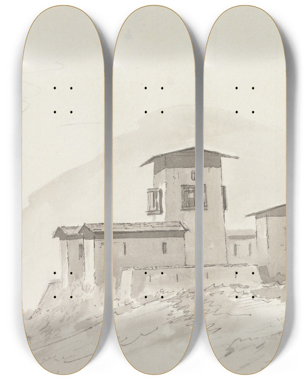 Triptych art skateboard deck of Samuel Davis Kapta Chapcha Castle by Samuel Davis (1757-1819)