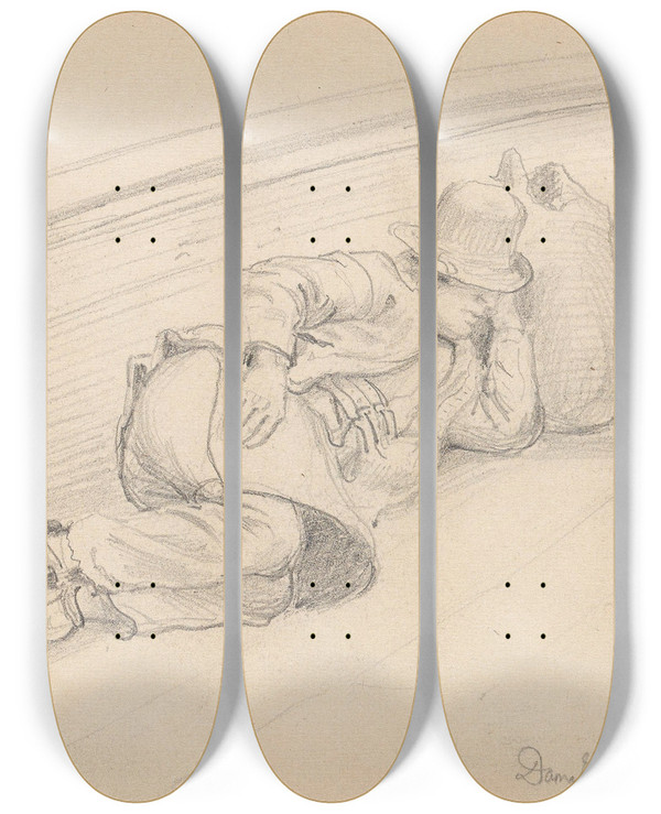 Triptych art skateboard deck of Adolph Tidemand Sovende Passasjer P Dampskipet P Siljan by Adolph Tidemand (1814-1876)
