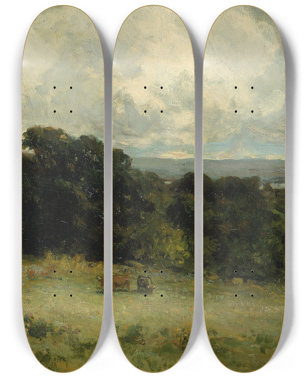 Triptych art skateboard deck of Edward Mitchell Bannister Pleasant Pastures by Edward Mitchell Bannister (1828-1901)