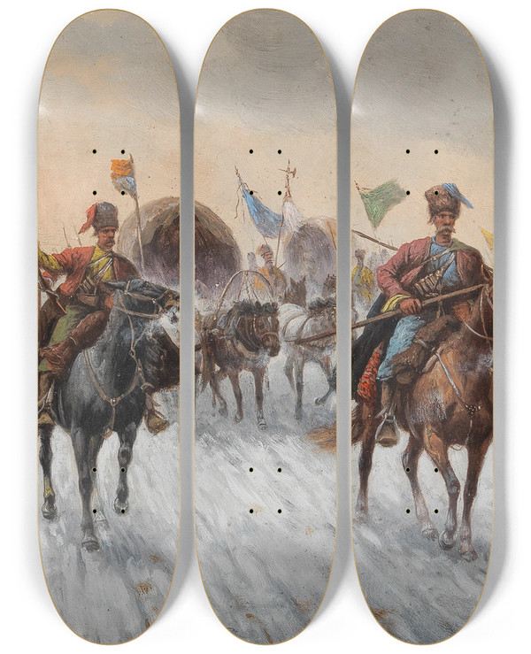Triptych art skateboard deck of Adolf Baumgartnerstoiloff Die Escorte by Adolf Baumgartner Stoiloff (1850-1924)