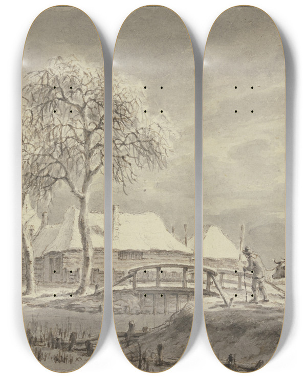 Triptych art skateboard deck of Jan Evert Grave Winterlandschaft Ber Eine Brcke Bei Einem Dorf Fhrt Ein Bauer Eine Kuh by Jan Evert Grave (1759-1805)