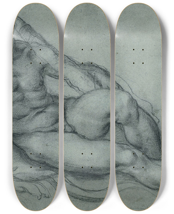 Triptych art skateboard deck of Annibale Carracci Study Of Hercules Resting With Separate Studies Of His Head And Foot by Annibale Carracci (1560-1609)