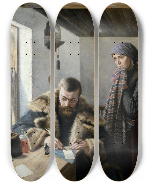 Triptych art skateboard deck of Carl Aspelin The Doctor Calls by Carl Aspelin (1857-1932)