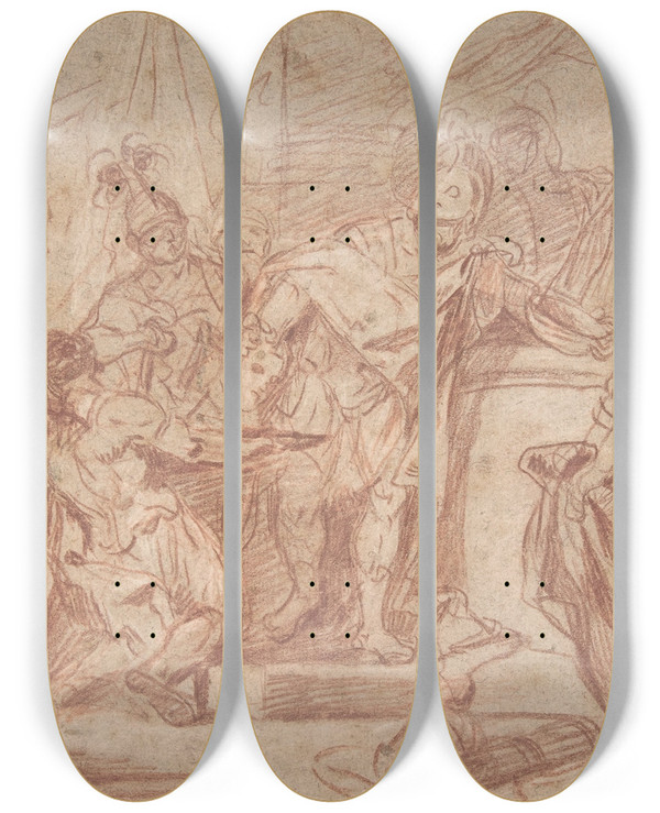 Triptych art skateboard deck of Nicola Marcola Scene From Ancient History by Nicola Marcola (1738-1770)