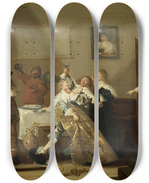 Triptych art skateboard deck of Dirck Hals Tavern Scene by Dirck Hals (1591-1656)