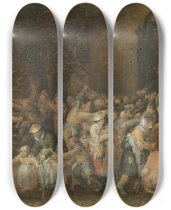 Triptych art skateboard deck of David Vinckboons Distributing Alms by David Vinckboons (1576-1629)