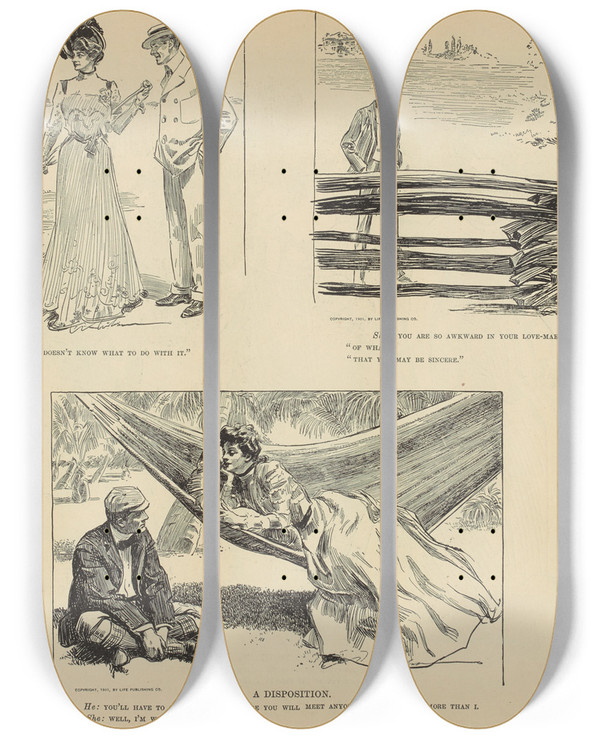 Triptych art skateboard deck of Charles Dana Gibson A Disposition by Charles Dana Gibson (1867-1944)