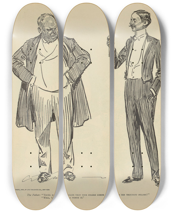 Triptych art skateboard deck of Charles Dana Gibson Another Getrichquick Swindle by Charles Dana Gibson (1867-1944)