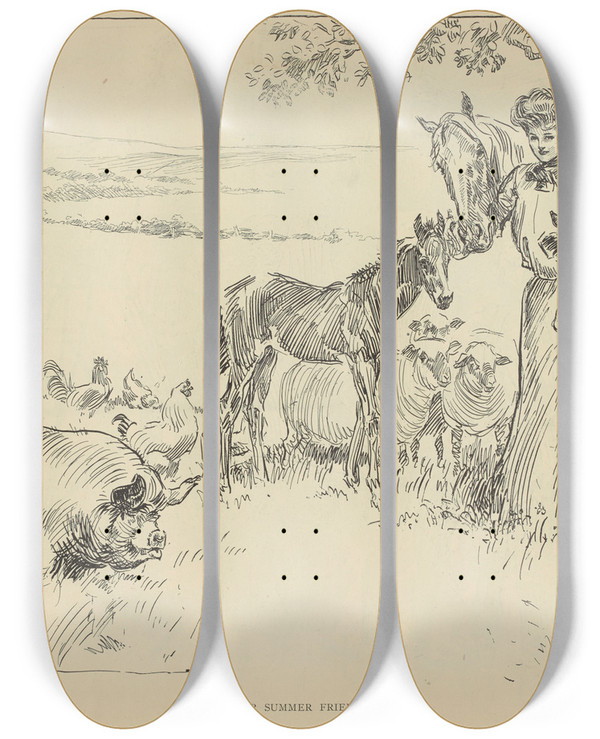 Triptych art skateboard deck of Charles Dana Gibson Her Summer Friends by Charles Dana Gibson (1867-1944)