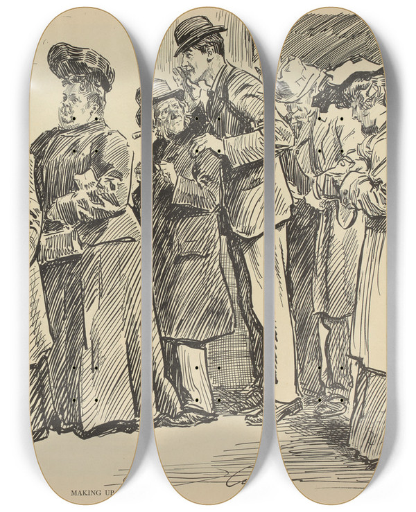 Triptych art skateboard deck of Charles Dana Gibson Making Up His by Charles Dana Gibson (1867-1944)