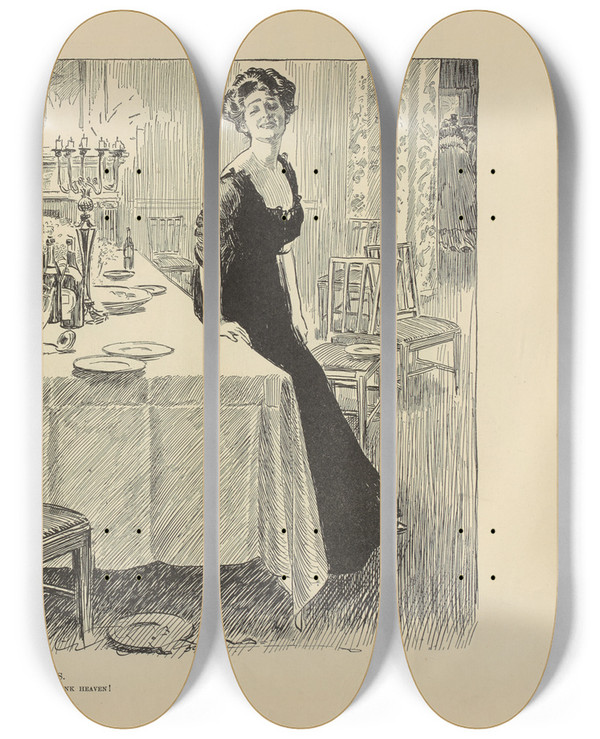 Triptych art skateboard deck of Charles Dana Gibson Social Debts by Charles Dana Gibson (1867-1944)