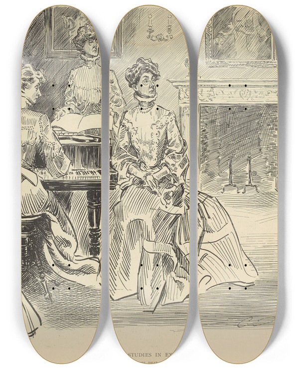 Triptych art skateboard deck of Charles Dana Gibson Studies In Expression Bridget Announces That She Is Engaged To Be Married by Charles Dana Gibson (1867-1944)