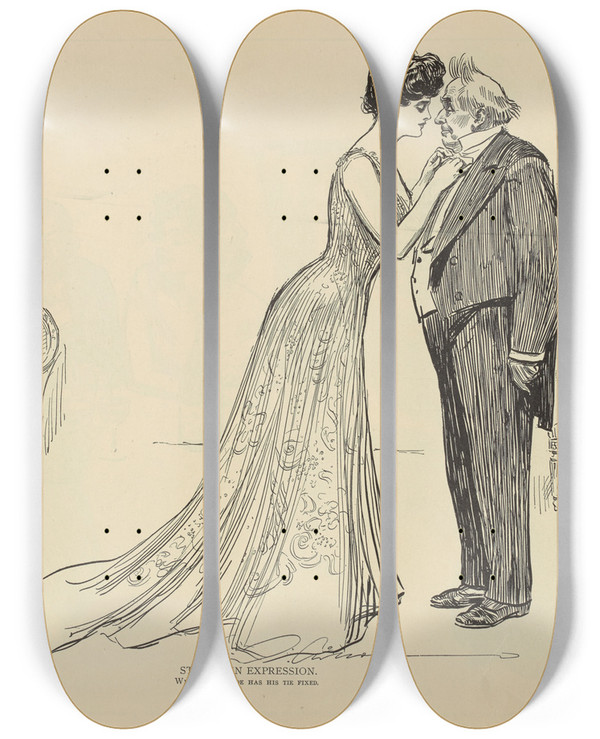 Triptych art skateboard deck of Charles Dana Gibson Studies In Expression While Uncle Joe Has His Tie Fixed by Charles Dana Gibson (1867-1944)