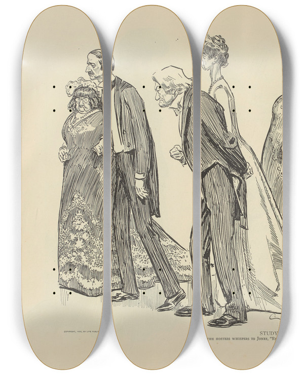 Triptych art skateboard deck of Charles Dana Gibson Study In Expression While The Hostess Whispers To Jones by Charles Dana Gibson (1867-1944)