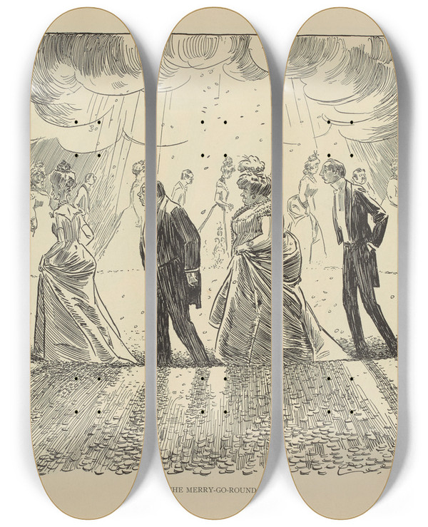 Triptych art skateboard deck of Charles Dana Gibson The Merrygoround by Charles Dana Gibson (1867-1944)