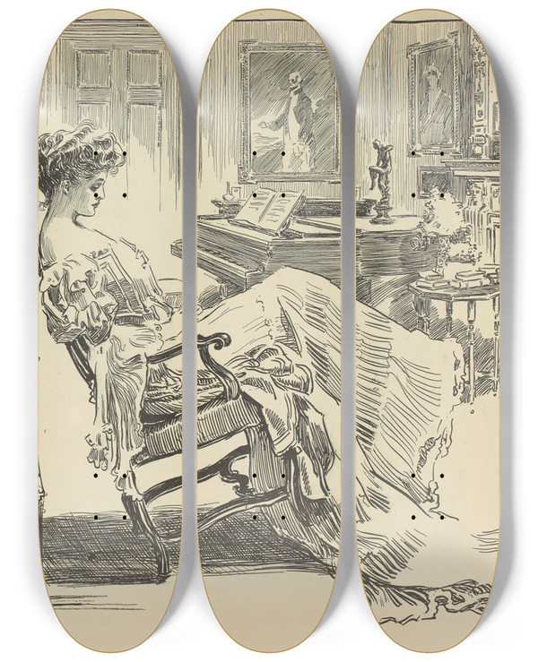 Triptych art skateboard deck of Charles Dana Gibson The Party Wall by Charles Dana Gibson (1867-1944)