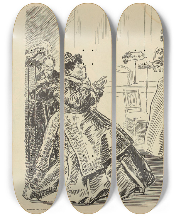 Triptych art skateboard deck of Charles Dana Gibson Trying It On by Charles Dana Gibson (1867-1944)