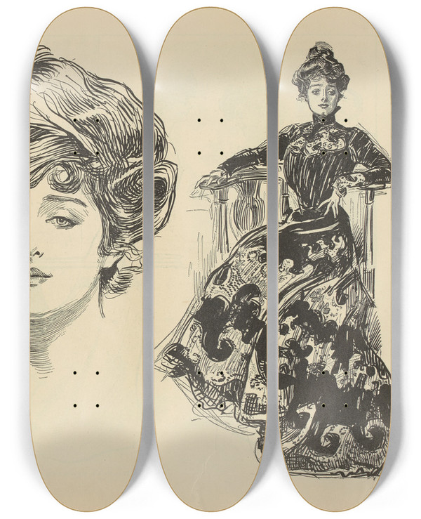 Triptych art skateboard deck of Charles Dana Gibson Untitled_84 by Charles Dana Gibson (1867-1944)