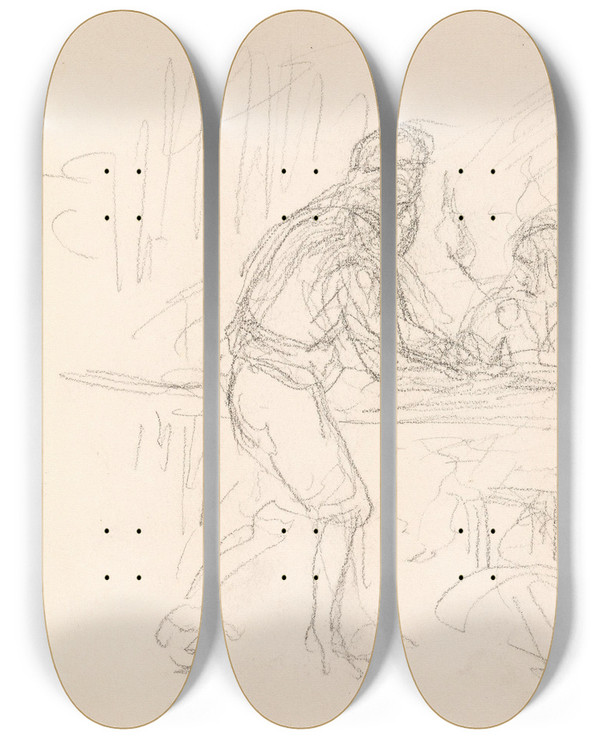Triptych art skateboard deck of Adolph Tidemand Riss Av Figurscene by Adolph Tidemand (1814-1876)