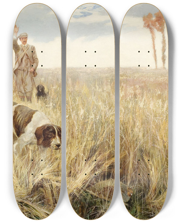 Triptych art skateboard deck of John George Sowerby Hunting Quail by John George Sowerby (1849-1914)