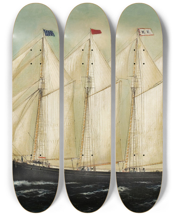 Triptych art skateboard deck of William Pierce Stubbs A Four Mast Schooner King Philip by William Pierce Stubbs (1842-1909)