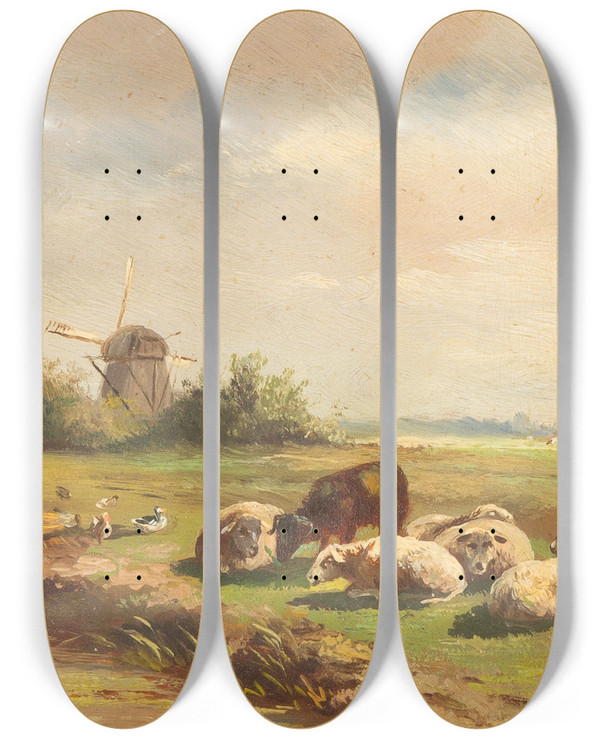 Triptych art skateboard deck of Albert Jurardus Van Prooyen Sheep On A Field by Albert Jurardus Van Prooyen (1834-1898)