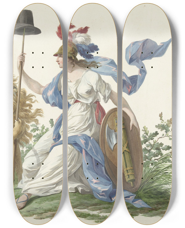 Triptych art skateboard deck of Dirk Langendijk Model Voor De Vlag Van De Bataafse Marine 1796 by Dirk Langendijk (1748-1805)