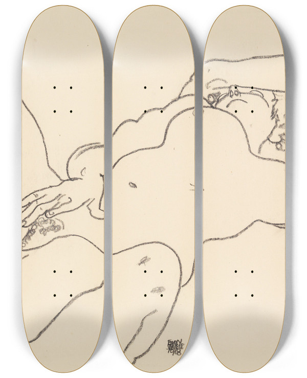 Triptych art skateboard deck of Egon Schiele Reclining Nude by Egon Schiele (1890-1918)