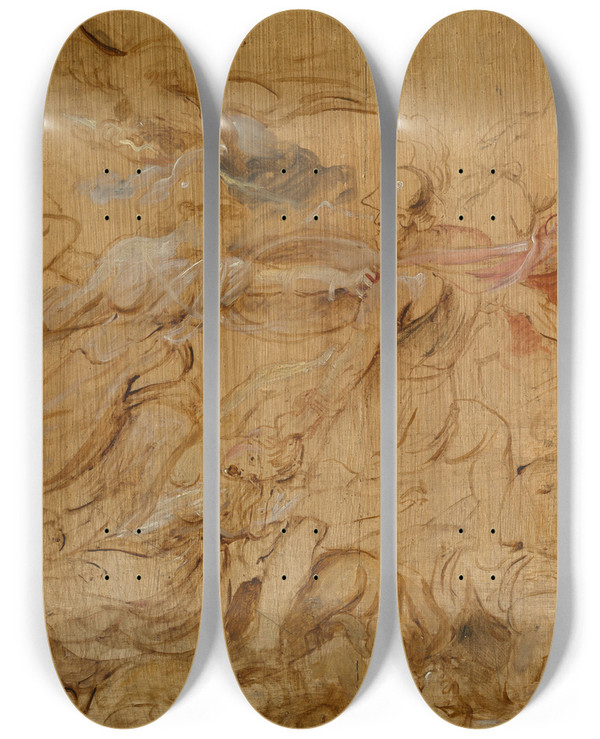 Triptych art skateboard deck of Peter Paul Rubens Minerva And Hercules Restraining Mars by Peter Paul Rubens (1577-1640)