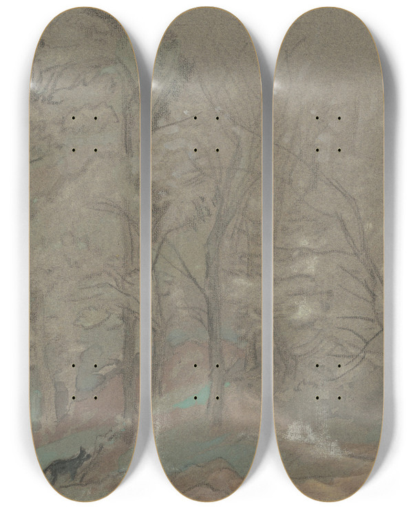 Triptych art skateboard deck of Arthur Bowen Davies The First Snowfall by Arthur Bowen Davies (1862-1928)