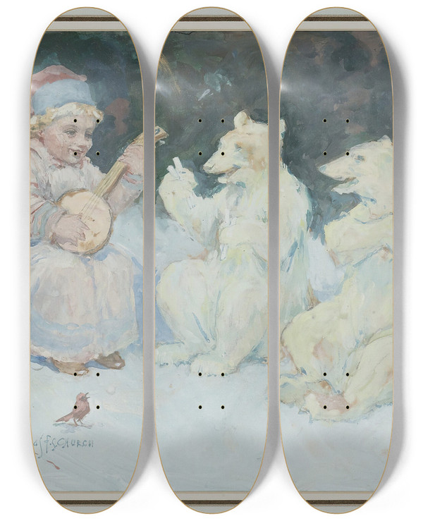 Triptych art skateboard deck of Frederick Stuart Church A Jolly Time by Frederick Stuart Church (1842-1924)