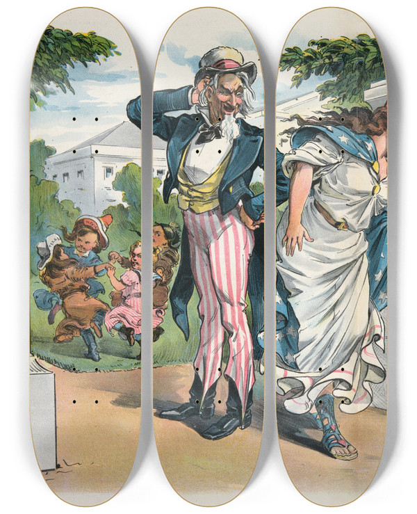 Triptych art skateboard deck of Udo Keppler A Trifle Embarrassed by Udo Keppler (1872-1956)