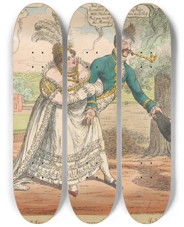 Triptych art skateboard deck of Charles Williams More Humbugs Or Another Attack On John Bulls Purse by Charles Williams