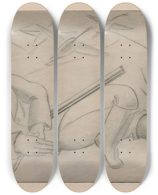 Triptych art skateboard deck of Mommie Schwarz Slapende Jager by Mommie Schwarz (1876-1942)