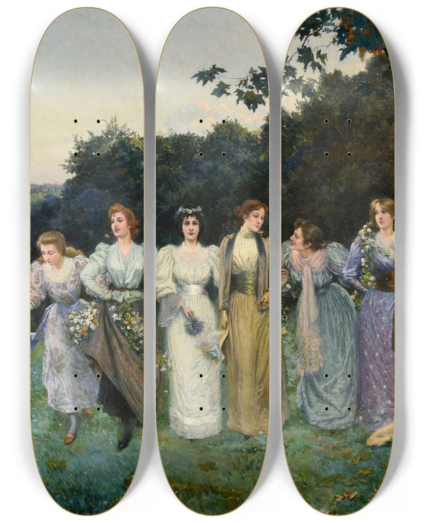 Triptych art skateboard deck of Gaston Bethune Fleurs Dt by Gaston Bethune (1857-1897)