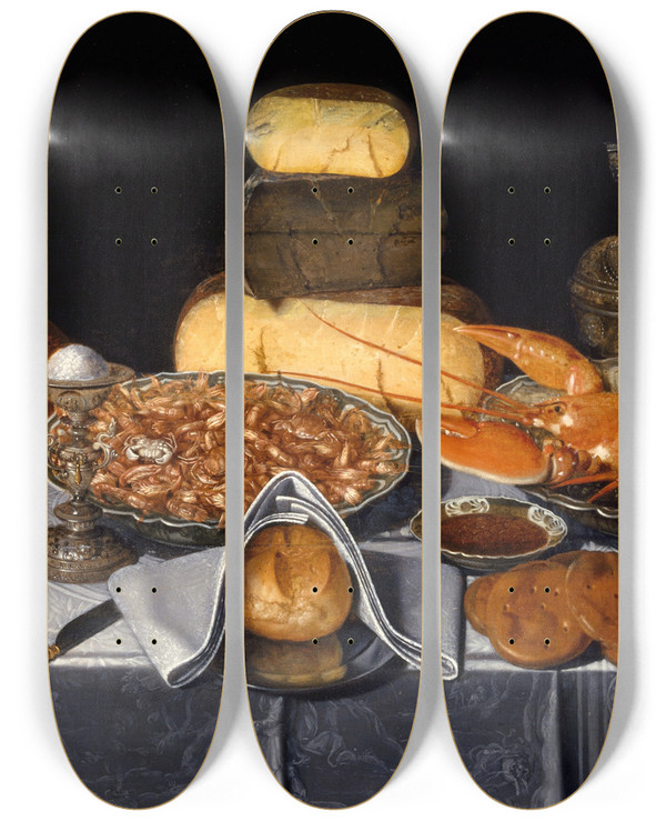 Triptych art skateboard deck of Clara Peeters Still Life With Crab Shrimps And Lobster by Clara Peeters (1582-1636)