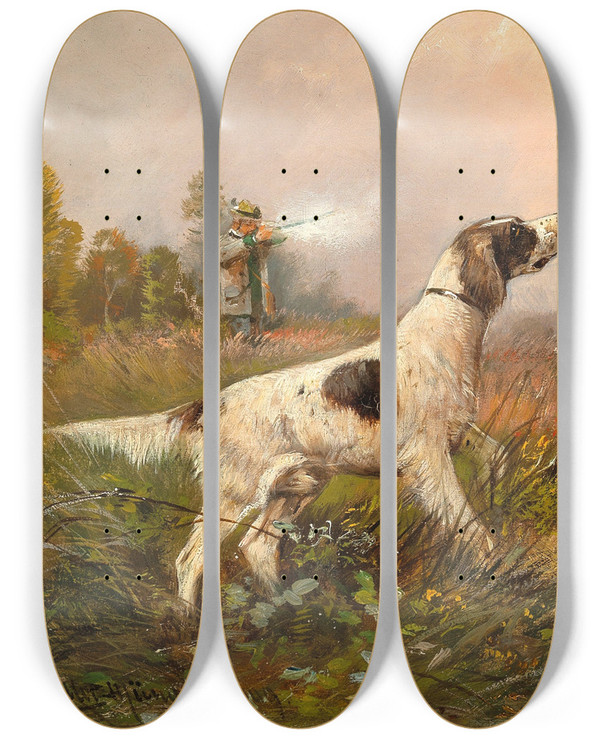Triptych art skateboard deck of Moritz Mller A Pheasant Hunt by Moritz Melzer (1841-1899)