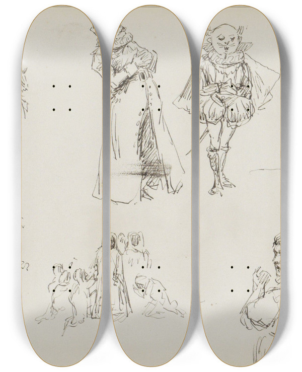 Triptych art skateboard deck of Marius Bauer Studieblad Onder Andere Met Karikaturen_1 by Marius Bauer (1867-1932)