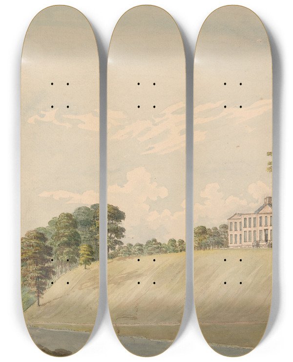 Triptych art skateboard deck of Moses Griffith View Of Erthig Denbigshire Wales_2 by Moses Griffith (1747-1819)