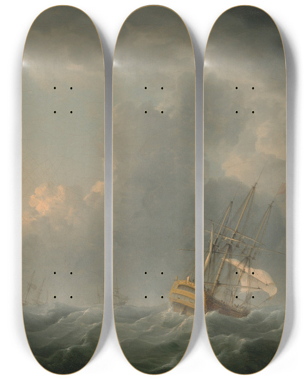Triptych art skateboard deck of Charles Brooking English Ships Running Before A Gale by Charles Brooking (1723-1759)