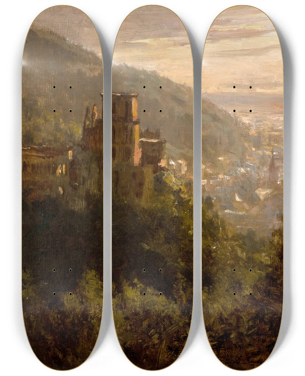 Triptych art skateboard deck of Felix Possart Blick Auf Heidelberg Mit Dem Schloss Im Abendlicht by Felix Possart (1837-1928)