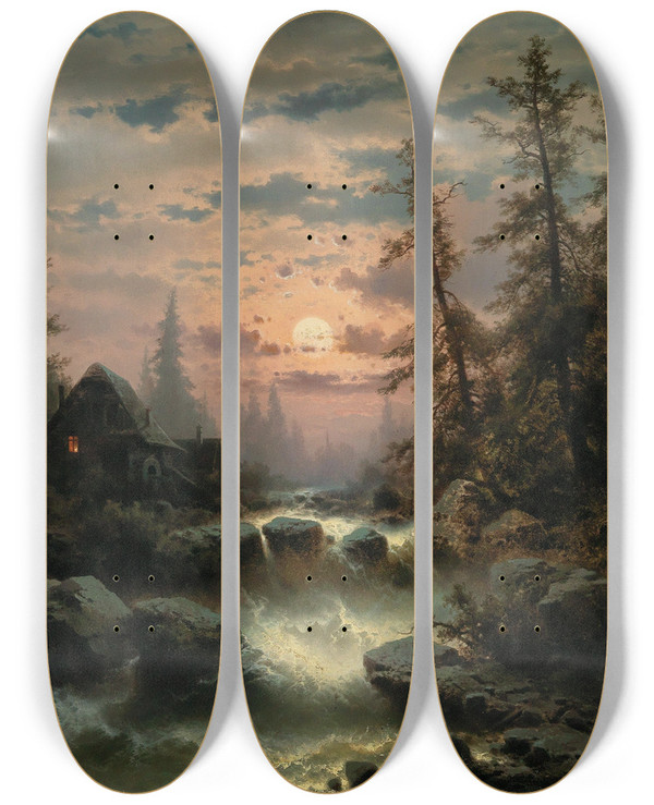 Triptych art skateboard deck of Albert Rieger Mountain Stream In The Moonlight by Albert Rieger (1934-1905)