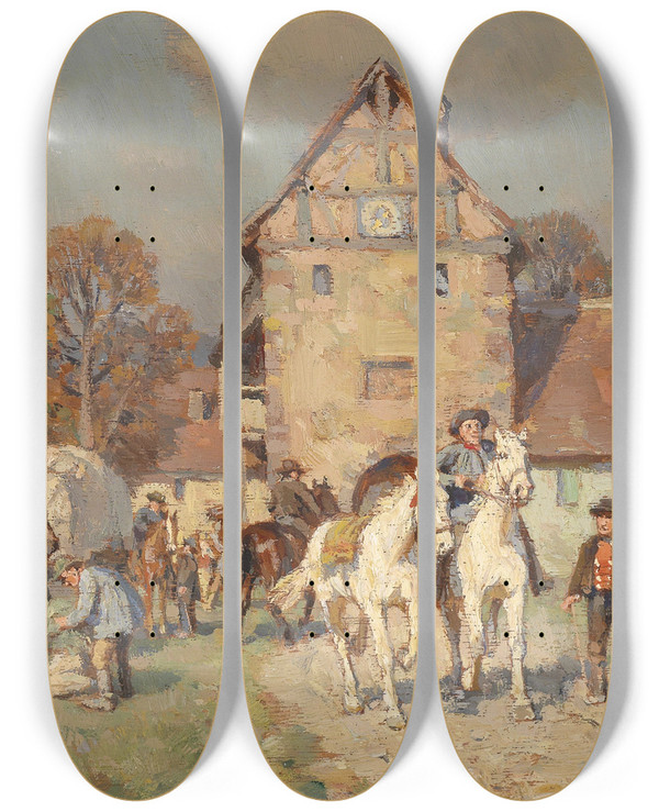 Triptych art skateboard deck of Wilhelm Velten Markttag In Franken by Wilhelm Velten (1847-1929)