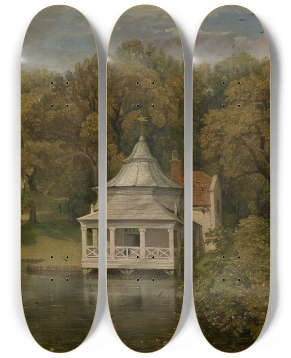 Triptych art skateboard deck of John Constable The Quarters Behind Alresford Hall by John Constable (1776-1837)