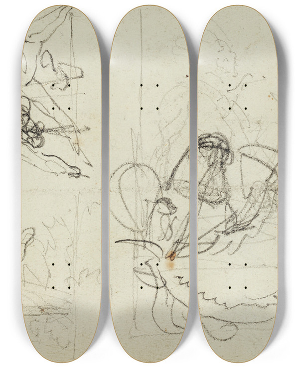 Triptych art skateboard deck of Thodore Gricault Compositional Studies by Theodore Gericault (1791-1824)