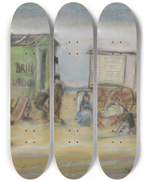 Triptych art skateboard deck of Wilhelm Gutmann Bathing Machine In Katwijk by Wilhelm Gutmann (1877-1948)