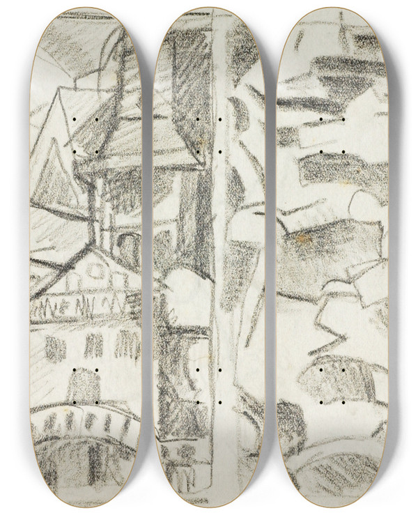 Triptych art skateboard deck of Carl Newman City Sceneabstract by Carl Newman (1858-1932)