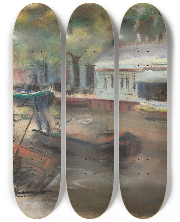 Triptych art skateboard deck of Max Liebermann Gemsemarkt In Delft by Max Liebermann (1847-1935)