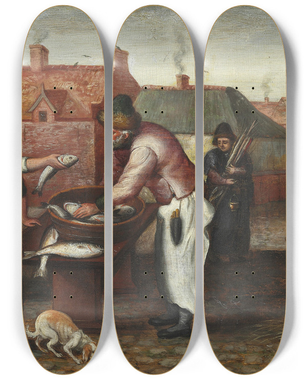 Triptych art skateboard deck of Marten Van Cleve The Fishmonger by Marten Van Cleve (1527-1581)